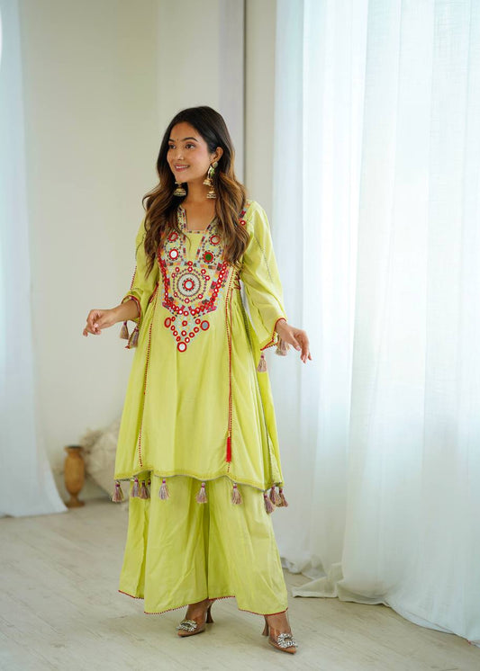 Ciraana kala lime green ethnic kurta set with palazzo pant